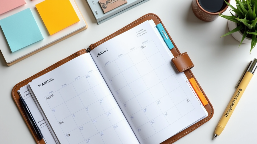 A well-organized desk with an open planner, calendar, pens, and sticky notes, symbolizing planning and control