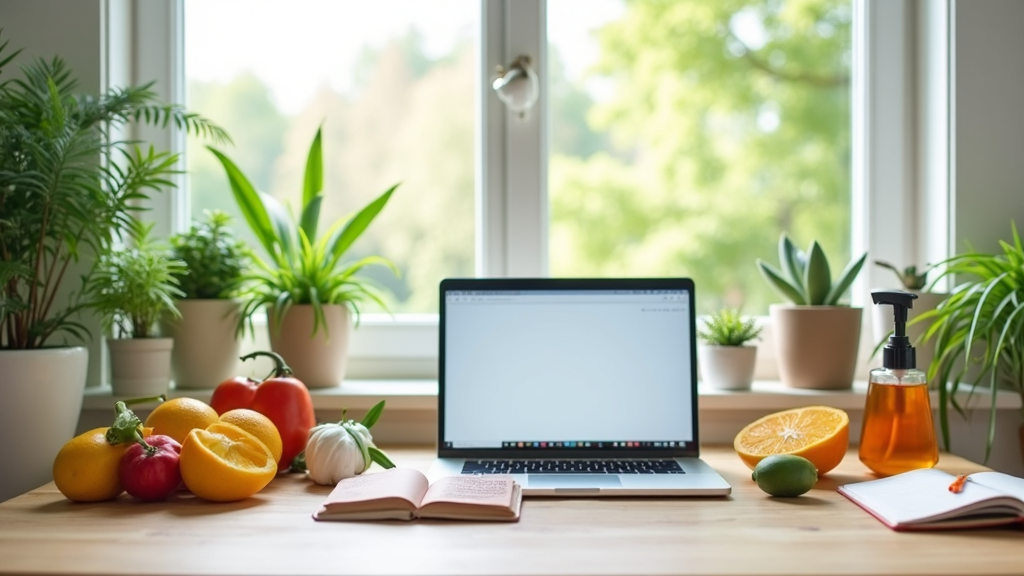 Bright workspace with green plants, laptop, and organic products for a healthy business concept
