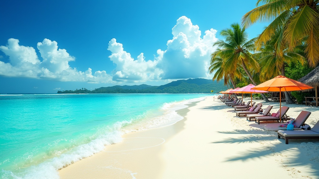 A sunlit, inviting tropical beach with turquoise water, palm trees, and colorful umbrellas